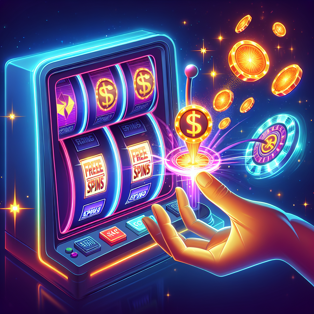 Fargerik og moderne illustrasjon av digitale spilleautomater med en hånd som mottar glødende gratis spinn-symboler, trygg og ansvarlig atmosfære