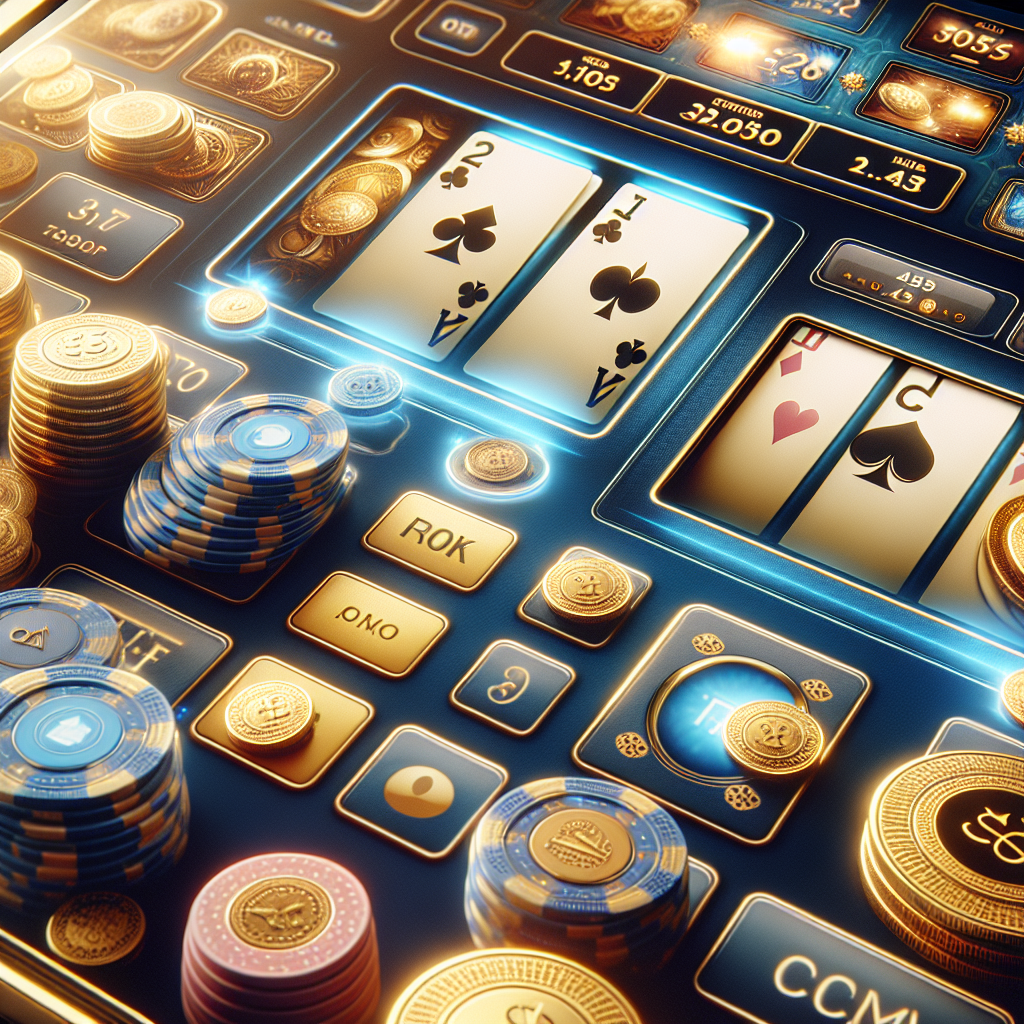 Nærbilde av moderne videopoker-skjerm med digitale kort og mynter, myke blå og gulltoner, profesjonell casinostemning